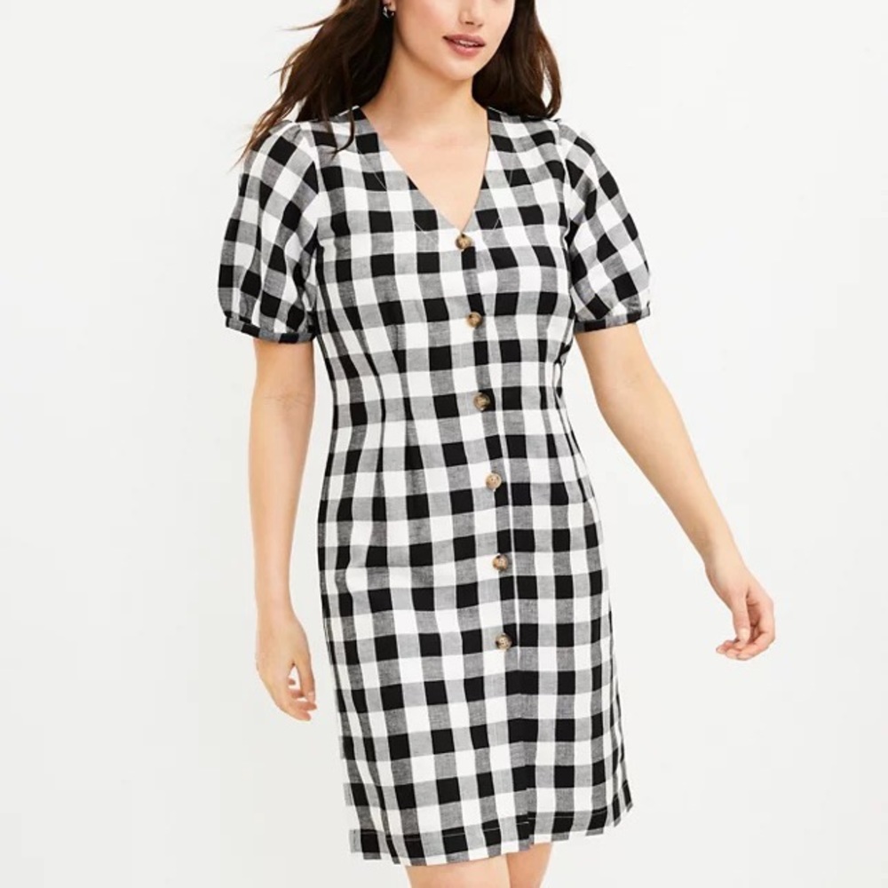 NWT LOFT Black/White Gingham Puff-Sleeve V-Neck Dress - Size 10